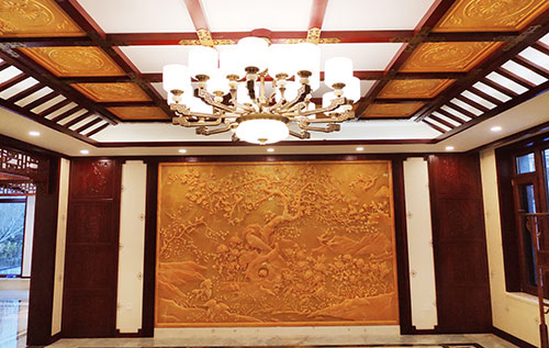 熊口管理区中式别墅客厅中式木作横梁吊顶装饰展示